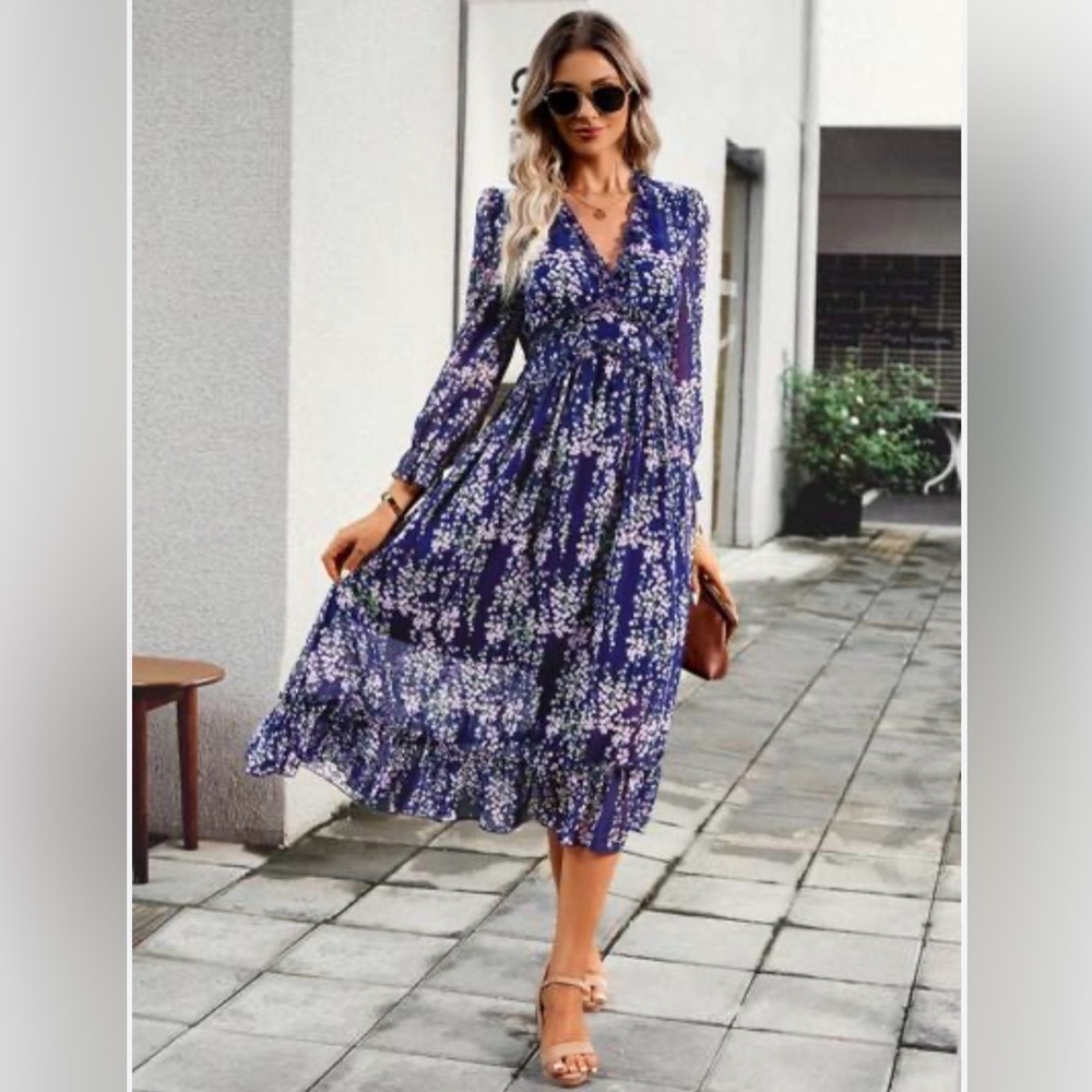 Navy Floral Midi Dress Size Small Long Sleeve Lined Elegant Dress NWOT